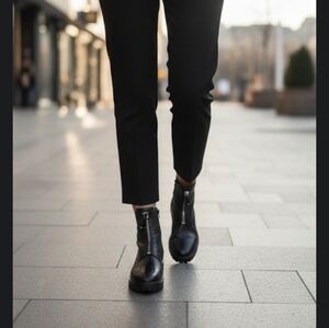 Napoleoni Black Leather Combat Boots with Zipper Detail Sz 8